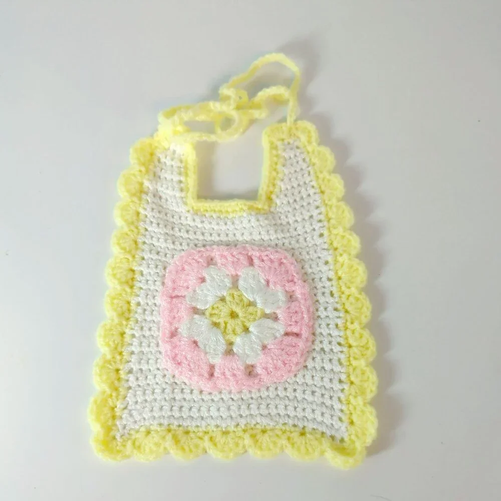 Vintage Handmade Crochet Baby Doll Bib Pastel Yellow White Tie Closure